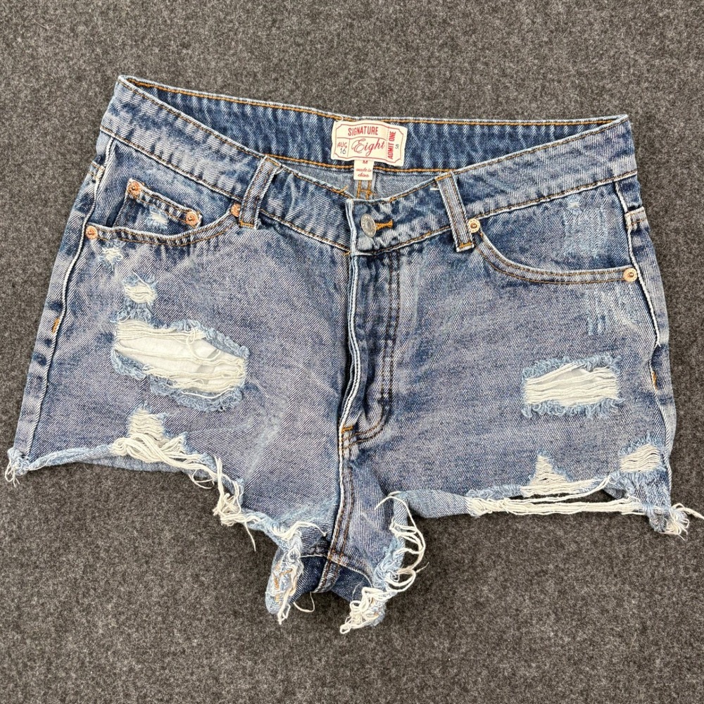Signature Eight Distressed Denim Shorts‎ Blue High Rise Raw Hem Size M